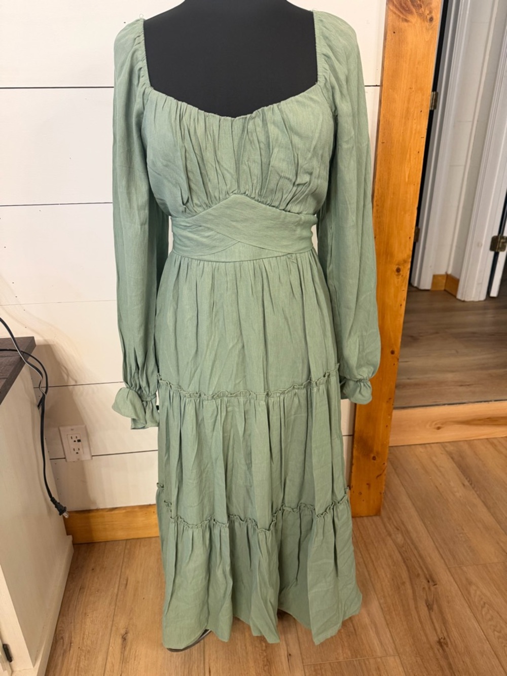 Francesca's Collections Sage Green Long Sleeve Tiered Maxi Dress
